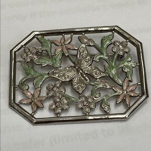 Butterfly Floral Metal cloisonné Brooch in Silver with Pink & Mint Accents